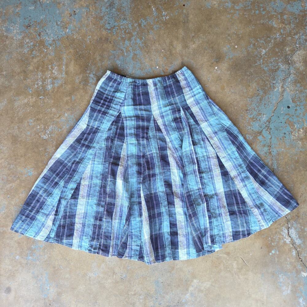 TapeMeasure Vintage Linen Midi Skirt Size 14 L Blue Plaid Circle Lagenlook